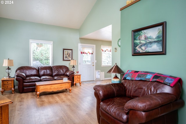 living area featuring high vaulted ceiling and wood finished floors