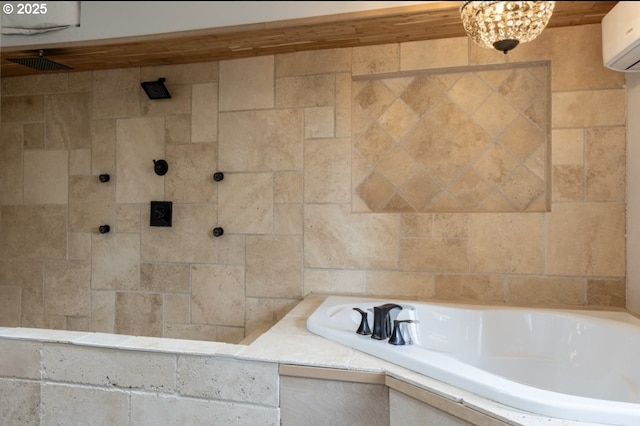 bathroom with a wall unit AC, a garden tub, and a tile shower