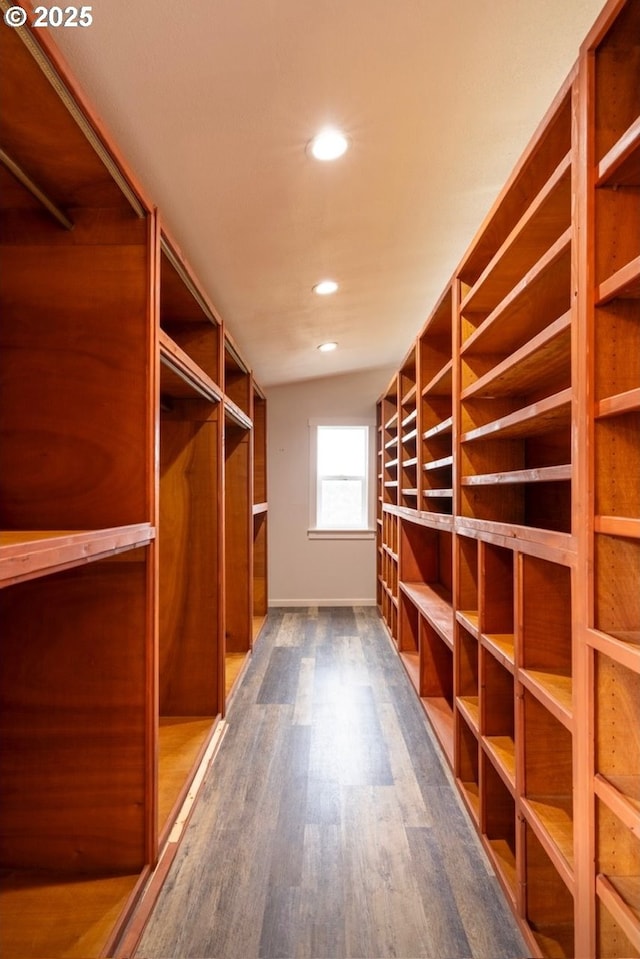 walk in closet with dark wood-type flooring