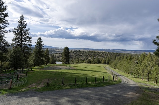view of property's community with a view of rural / pastoral area, a view of trees, and a mountain view