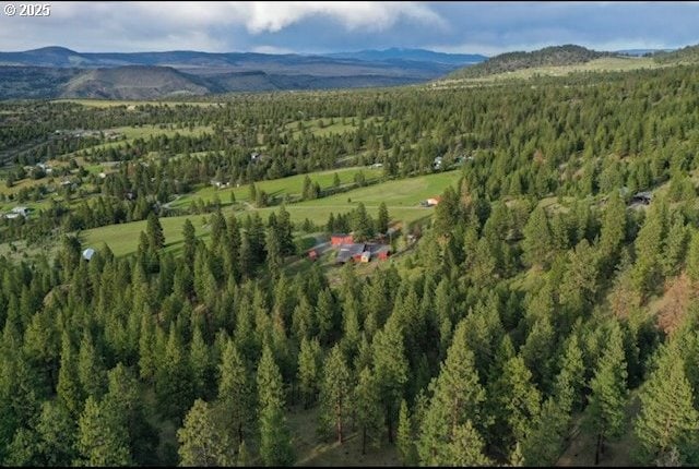 aerial overview of property's location featuring a mountain backdrop and a heavily wooded area