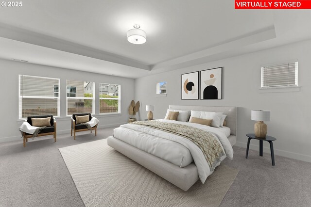 15129 SW Huntwood St, Tigard, OR 97224 - bedroom featuring a tray ceiling, carpet floors, and baseboards