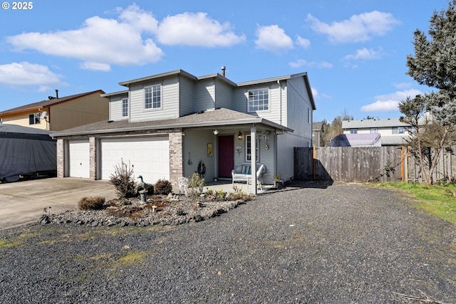 view of front of house featuring driveway, a porch, fence, a garage, and brick siding