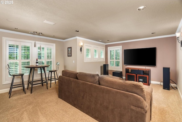 8967 SW 184th Dr, Beaverton, OR 97007 - living room with carpet, healthy amount of natural light, a textured ceiling, crown molding, and recessed lighting