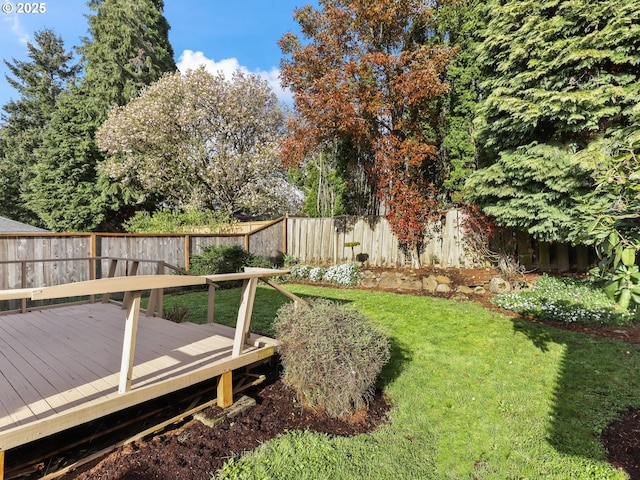 view of yard featuring a fenced backyard and a deck