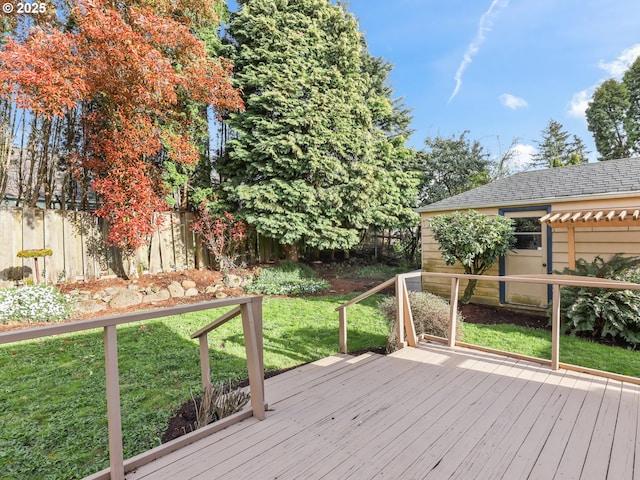 wooden deck featuring fence and a lawn