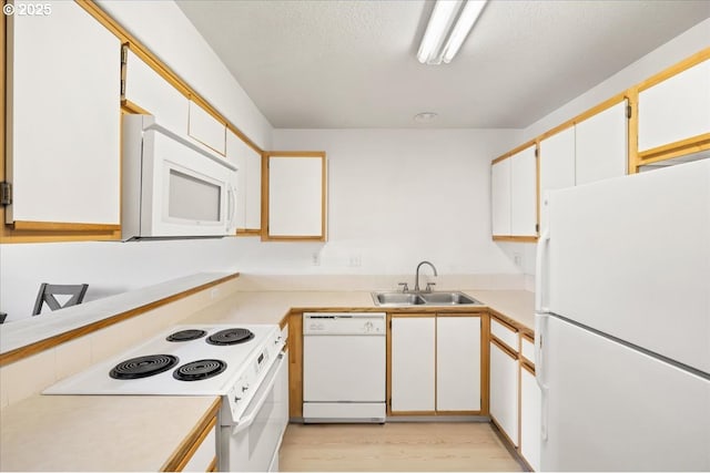 kitchen featuring a sink, light wood-type flooring, white appliances, and light countertops