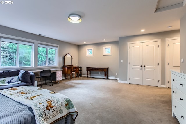 bedroom featuring baseboards, recessed lighting, visible vents, and light colored carpet