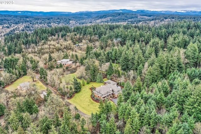 aerial view with a mountain view and a wooded view