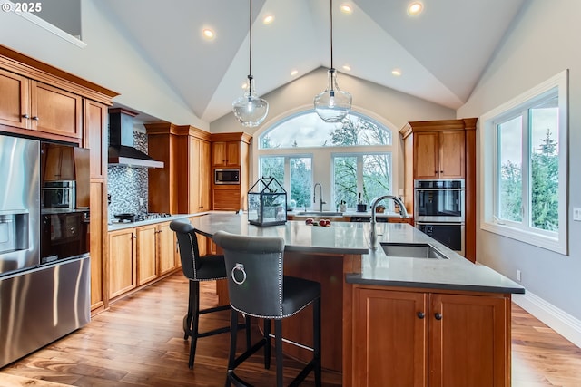 kitchen featuring wall chimney exhaust hood, appliances with stainless steel finishes, a kitchen island with sink, pendant lighting, and a sink