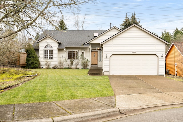 ranch-style home featuring roof with shingles, an attached garage, driveway, and a front yard