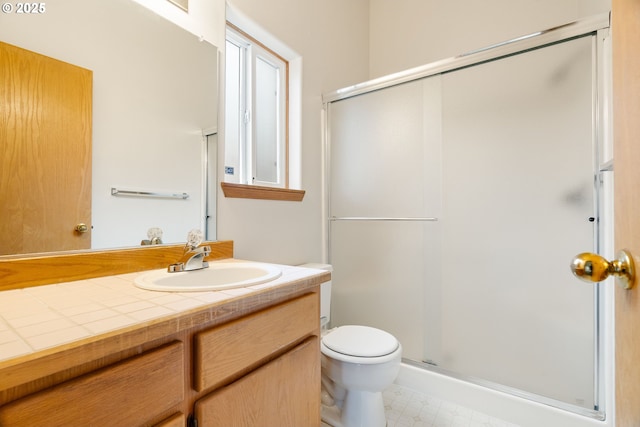 bathroom featuring a shower stall, vanity, and toilet