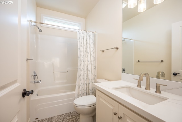 full bath with vanity, toilet, and shower / tub combo with curtain