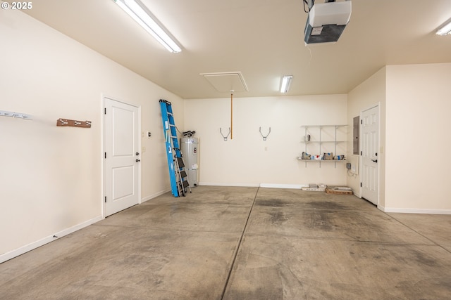 garage with baseboards, a garage door opener, and electric water heater