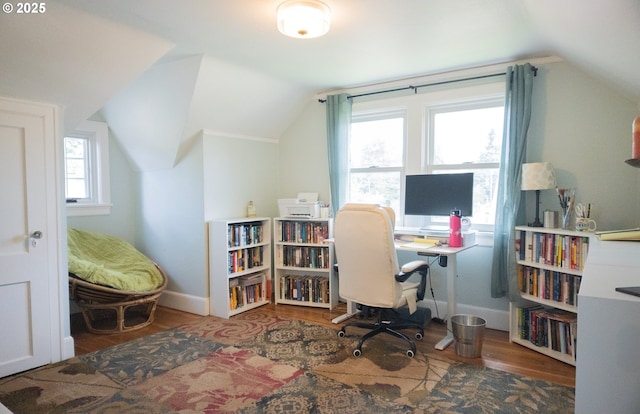 3710 SE 86th Ave, Portland, OR 97266 - office area featuring lofted ceiling, wood finished floors, and baseboards