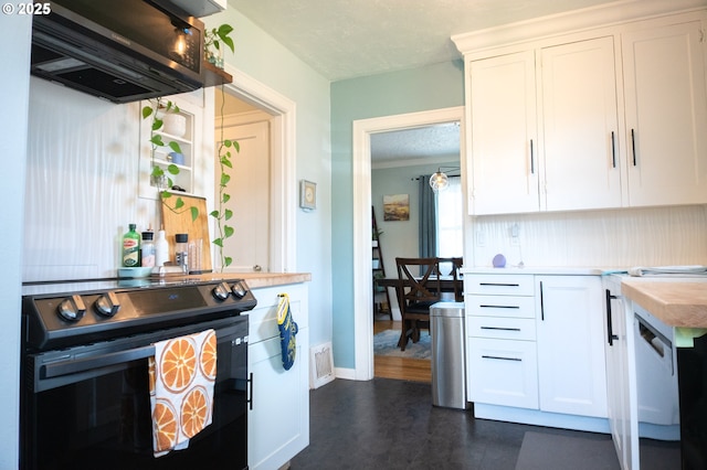 3710 SE 86th Ave, Portland, OR 97266 - kitchen featuring black electric range oven, white cabinetry, baseboards, dishwasher, and dark flooring
