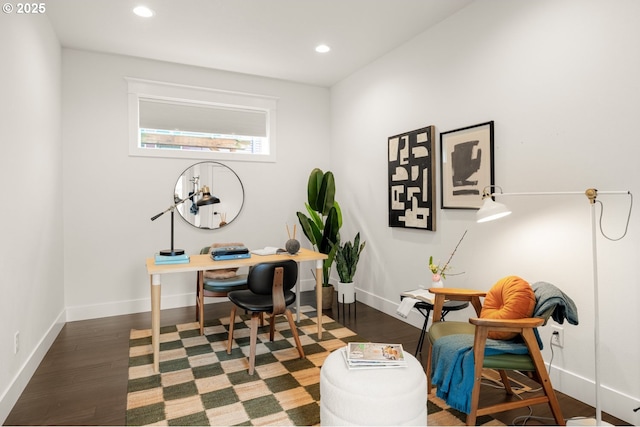 office space featuring recessed lighting, wood finished floors, and baseboards