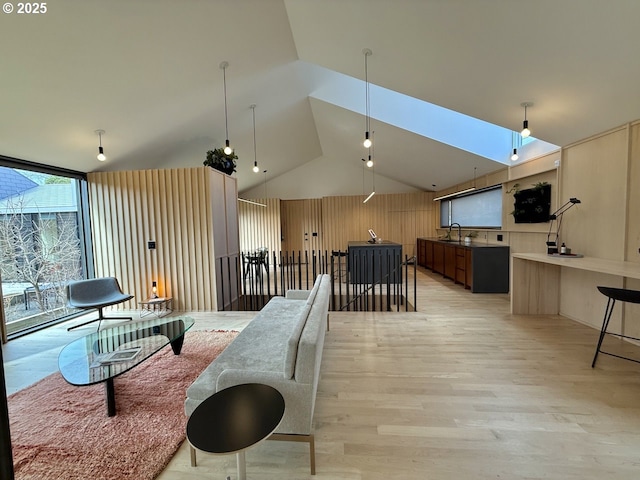 living room featuring lofted ceiling with skylight and light wood-style floors