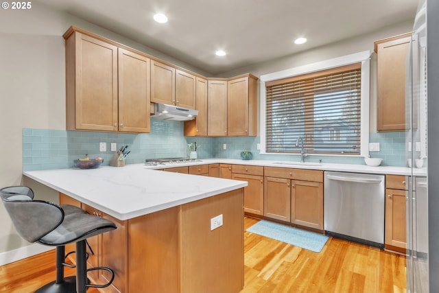 kitchen featuring stainless steel appliances, a sink, under cabinet range hood, a peninsula, and light wood-style floors