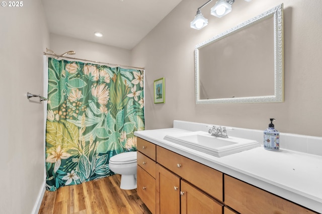 bathroom with wood finished floors, vanity, toilet, and a shower with curtain