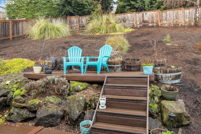 fenced backyard with a wooden deck