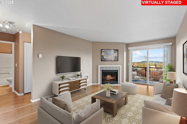 living room featuring light wood-type flooring and a fireplace