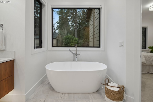 bathroom with a bathing tub and vanity