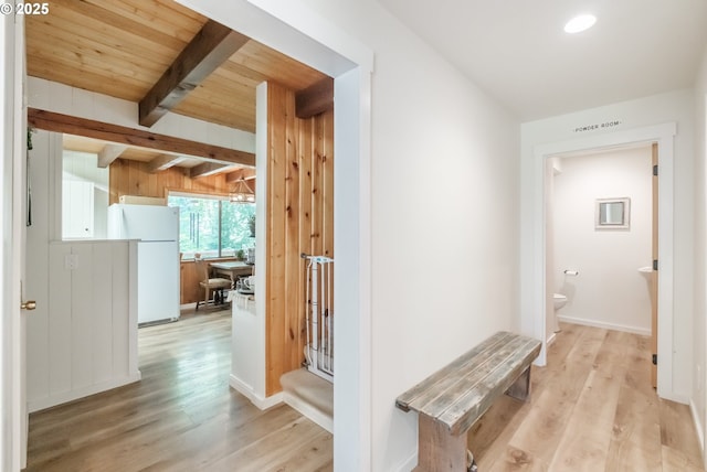 182 Holloway Hts, Brownsville, OR 97327 - hall featuring light wood-style floors and beam ceiling