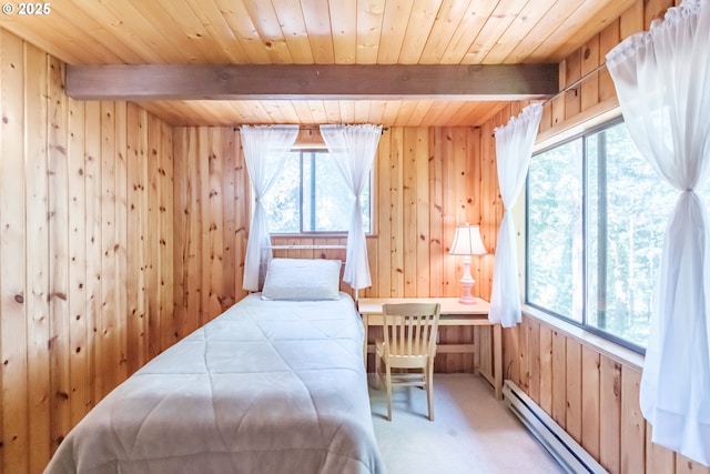 182 Holloway Hts, Brownsville, OR 97327 - bedroom with wooden walls, baseboard heating, carpet flooring, and a wood ceiling with exposed beams