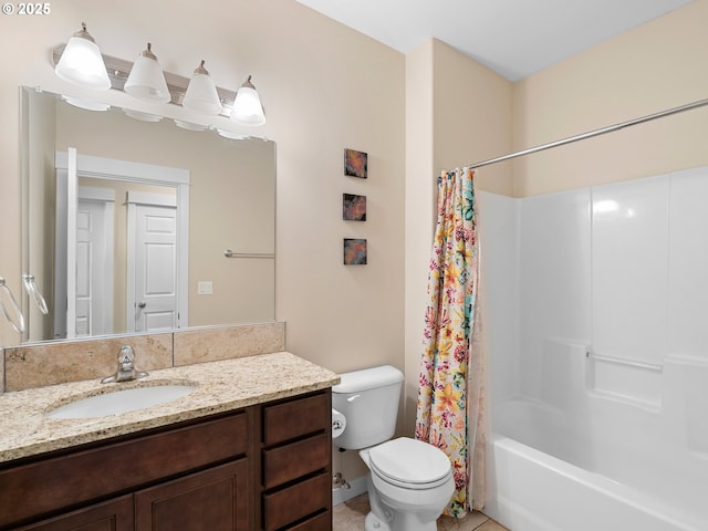 full bathroom with toilet, vanity, and shower / bathtub combination with curtain