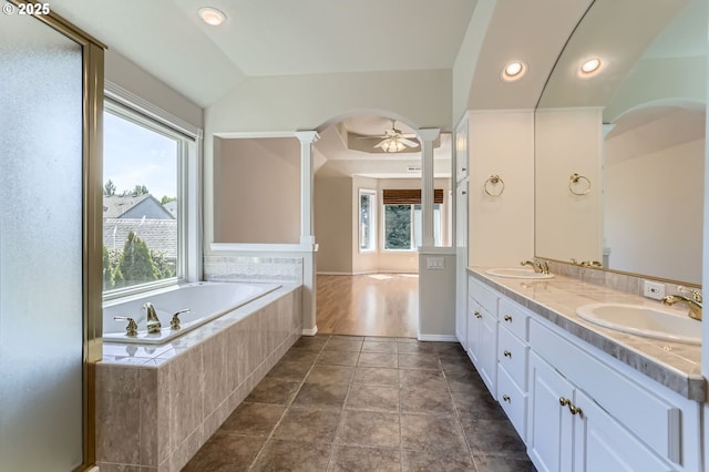 10939 SE Valley Way, Happy Valley, OR 97086 - bathroom featuring decorative columns, double vanity, a bath, recessed lighting, and a ceiling fan