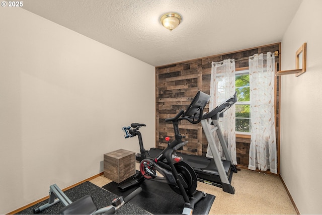 workout area with wood walls, baseboards, and a textured ceiling