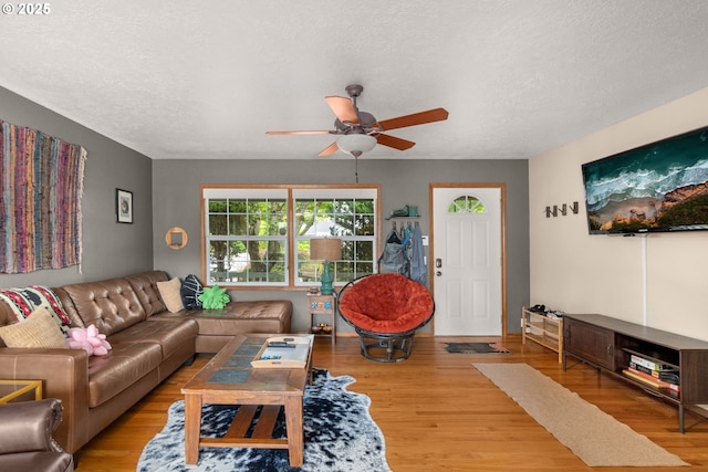 living area with a ceiling fan, wood finished floors, and a textured ceiling