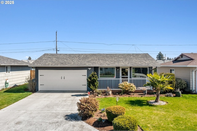 ranch-style house featuring a shingled roof, a porch, a garage, a front lawn, and driveway