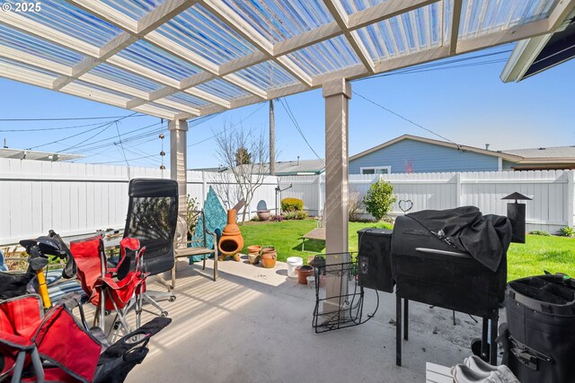 view of patio / terrace featuring a pergola and a fenced backyard