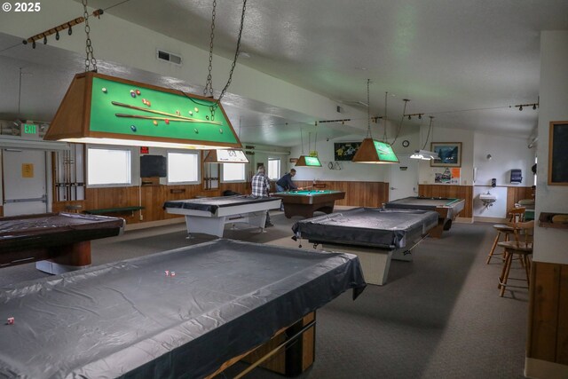 rec room with carpet, billiards, and visible vents
