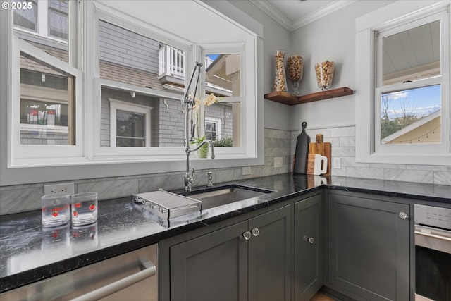 kitchen with open shelves, decorative backsplash, crown molding, dark stone counters, and appliances with stainless steel finishes