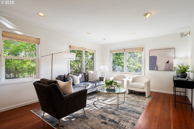 2941 SW Moss St, Portland, OR 97219 - living room featuring healthy amount of natural light, baseboards, wood finished floors, and recessed lighting