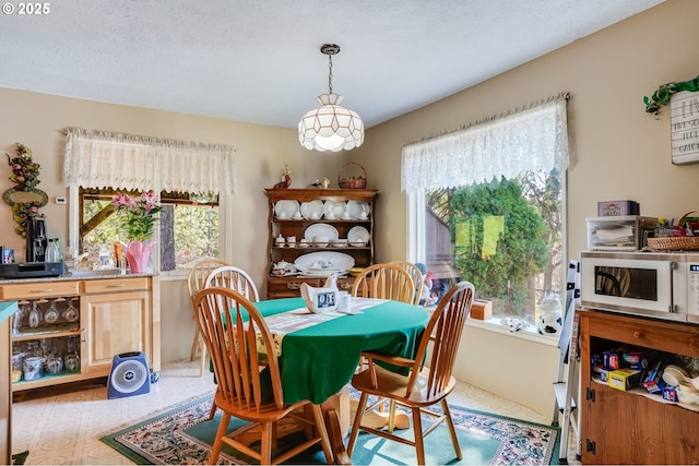 dining area with a textured ceiling and a healthy amount of sunlight