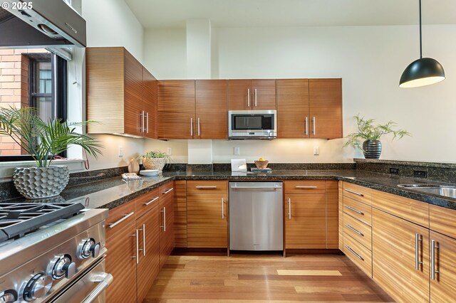 1660 NW Riverscape Dr, Portland, OR 97209 - kitchen featuring appliances with stainless steel finishes, light wood-style flooring, brown cabinetry, and pendant lighting