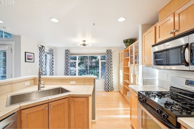 kitchen with appliances with stainless steel finishes, sink, and light hardwood / wood-style flooring