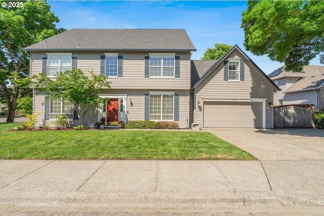 16706 NW Waterford Way, Portland, OR 97229 - colonial home with driveway, a front yard, a garage, and roof with shingles