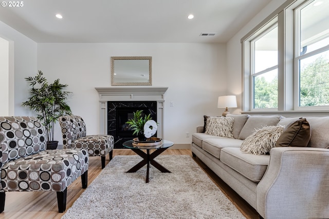 2110 Labona Dr, Eugene, OR 97404 - living area with healthy amount of natural light, recessed lighting, wood finished floors, and a premium fireplace