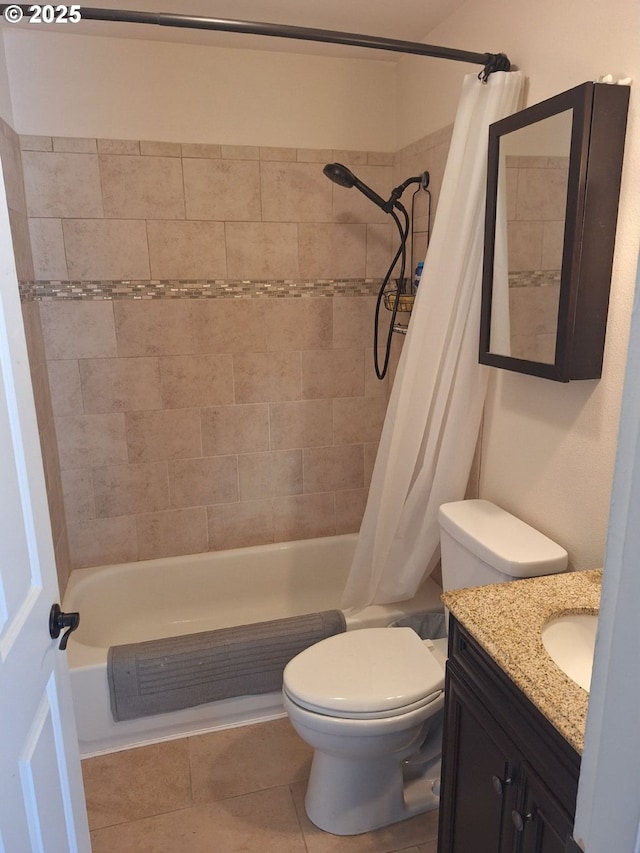 4777 Exeter St, West Linn, OR 97068 - bathroom featuring vanity, shower / bathtub combination with curtain, toilet, and tile patterned flooring