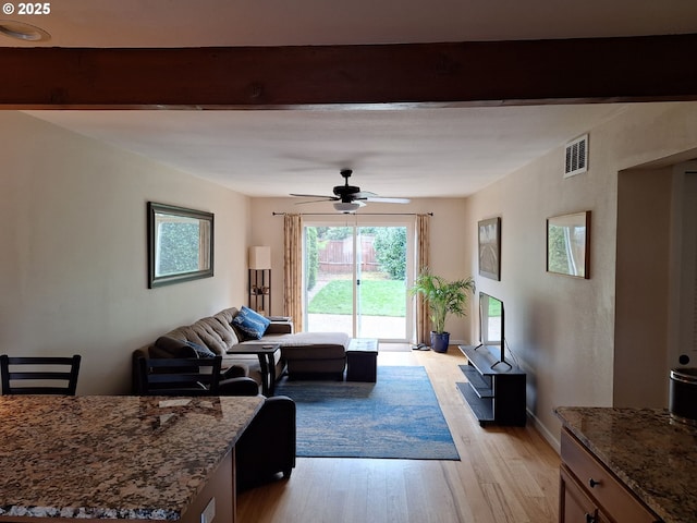 4777 Exeter St, West Linn, OR 97068 - living room with light wood finished floors, a ceiling fan, and beamed ceiling
