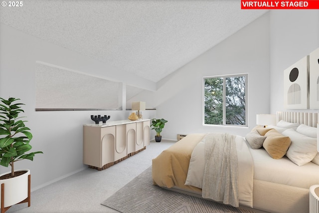 bedroom with light carpet, vaulted ceiling, a textured ceiling, and baseboards