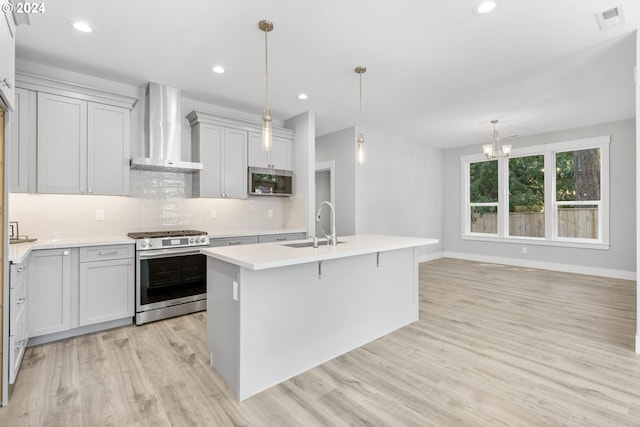 kitchen with a center island with sink, wall chimney exhaust hood, decorative light fixtures, and appliances with stainless steel finishes