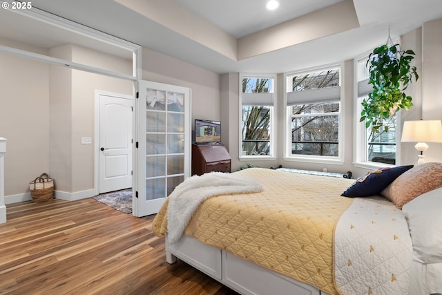 bedroom featuring multiple windows, hardwood / wood-style floors, and a raised ceiling