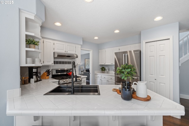 5346 NW Wickiup Way, Portland, OR 97229 - kitchen featuring appliances with stainless steel finishes, under cabinet range hood, white cabinets, a peninsula, and tasteful backsplash