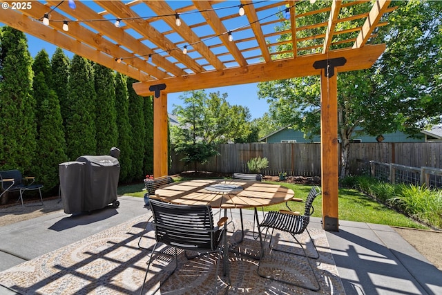 5346 NW Wickiup Way, Portland, OR 97229 - fenced backyard featuring a pergola, grilling area, outdoor dining space, and a patio